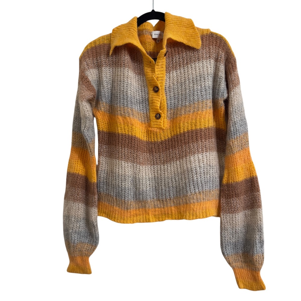 Something Navy Striped Collared Button Alpaca Woo… - image 1